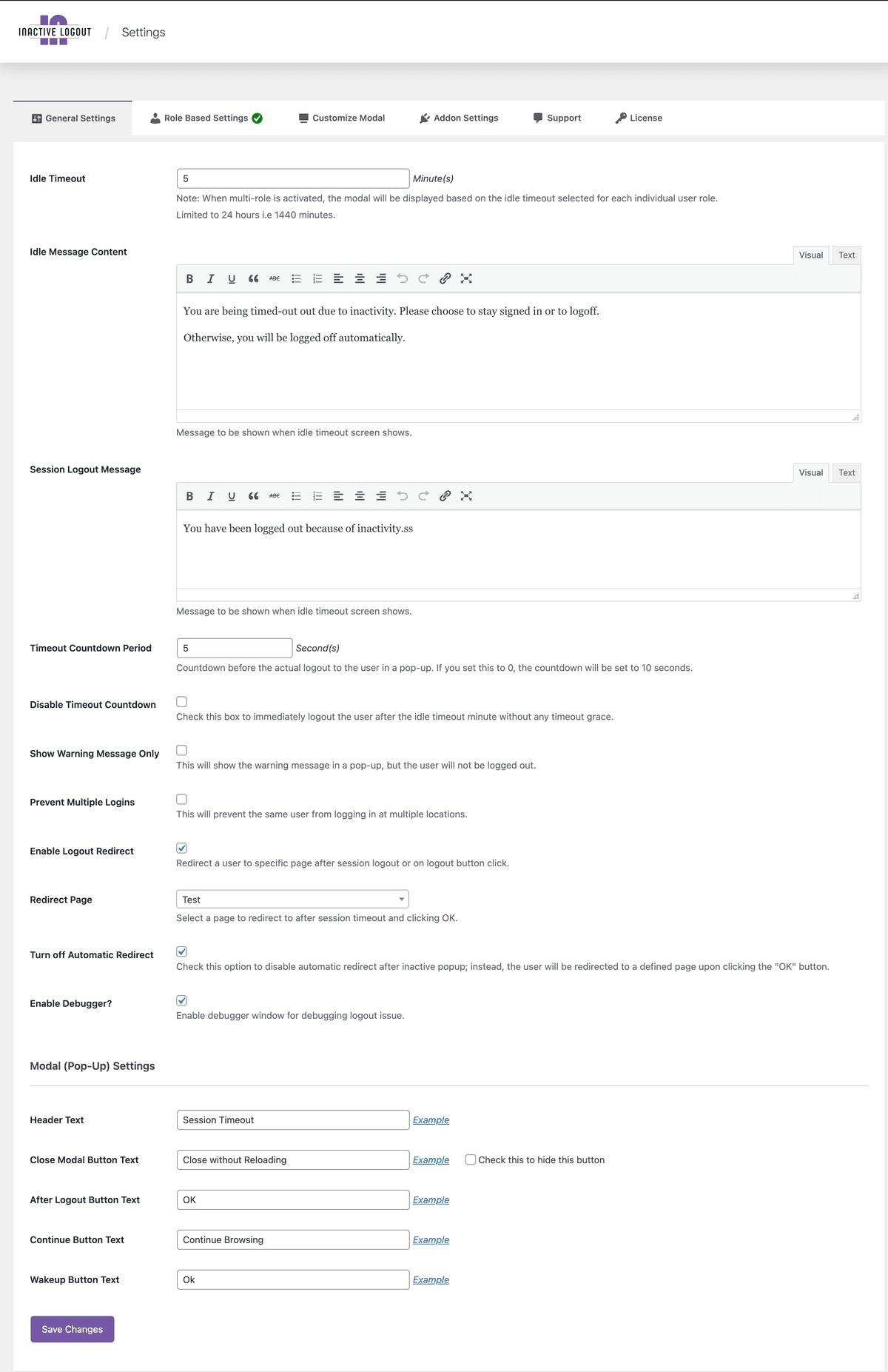Main Settings page