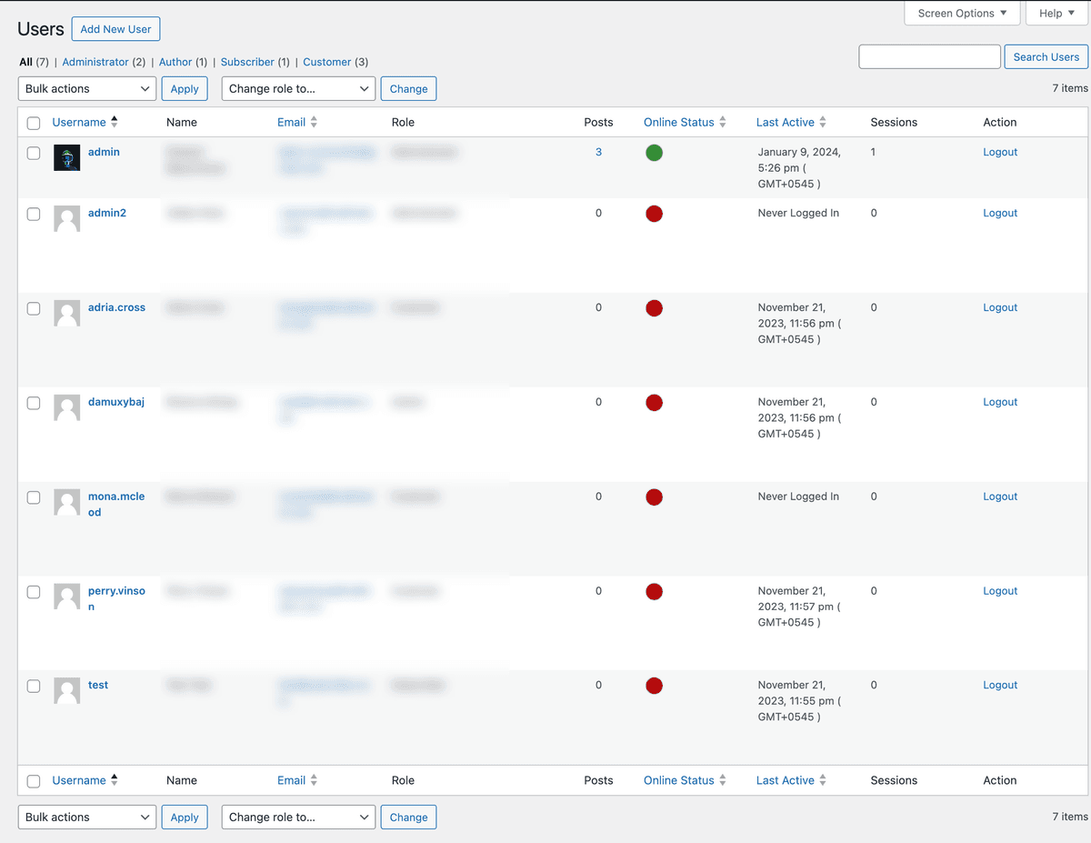 Users page with online status